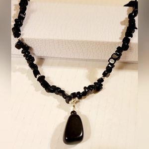 Black Chip Necklace w/ Stone Pendant